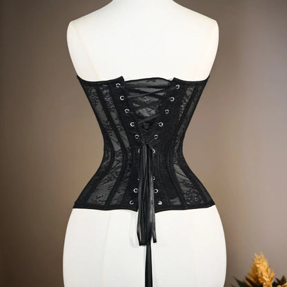 Women Mesh Corset Busiter Overbust Cups Push Breast Floral Lace Bodice Sext Tansparent Strapless Crop Tops Lace Up Steel Boned