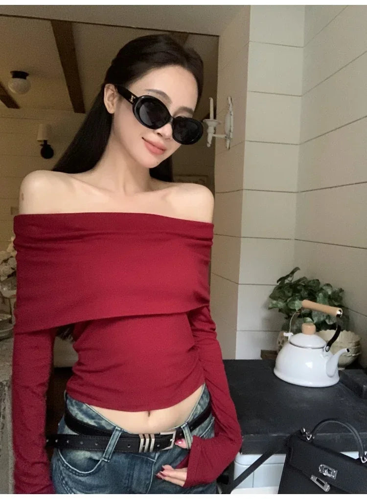 Women Off Shoulder Long Sleeve Knitted T-shirt Sexy Tops Solid Elegant Autumn Winter New Spicy Girl Slim Fit Short Red Crop Top