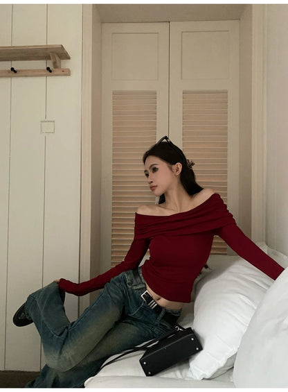 Sexy Tops Off Shoulder Long Sleeve Crop Top Women's Autumn/Winter 2024 New Spicy Girl Slim Fit Short Red T-shirt