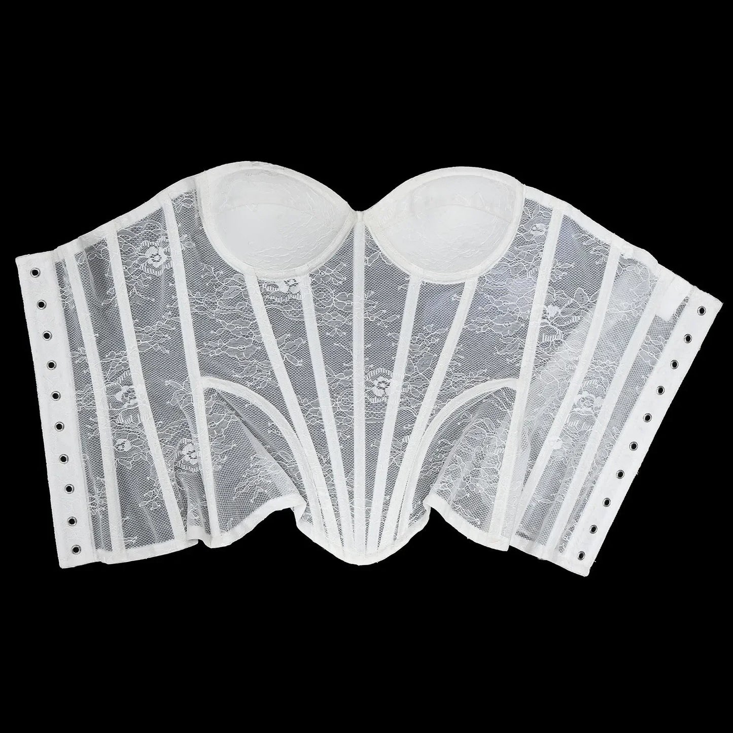 Women Mesh Corset Busiter Overbust Cups Push Breast Floral Lace Bodice Sext Tansparent Strapless Crop Tops Lace Up Steel Boned