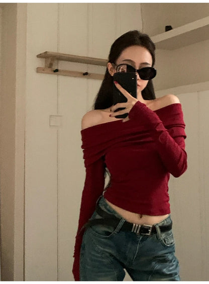 Sexy Tops Off Shoulder Long Sleeve Crop Top Women's Autumn/Winter 2024 New Spicy Girl Slim Fit Short Red T-shirt