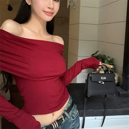 Sexy Tops Off Shoulder Long Sleeve Crop Top Women's Autumn/Winter 2024 New Spicy Girl Slim Fit Short Red T-shirt