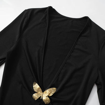 Ele Sexy Hollow out Long Sve Women's Dr Faionable  Design High Waist Slim Fit Midi Dr Cross-Border