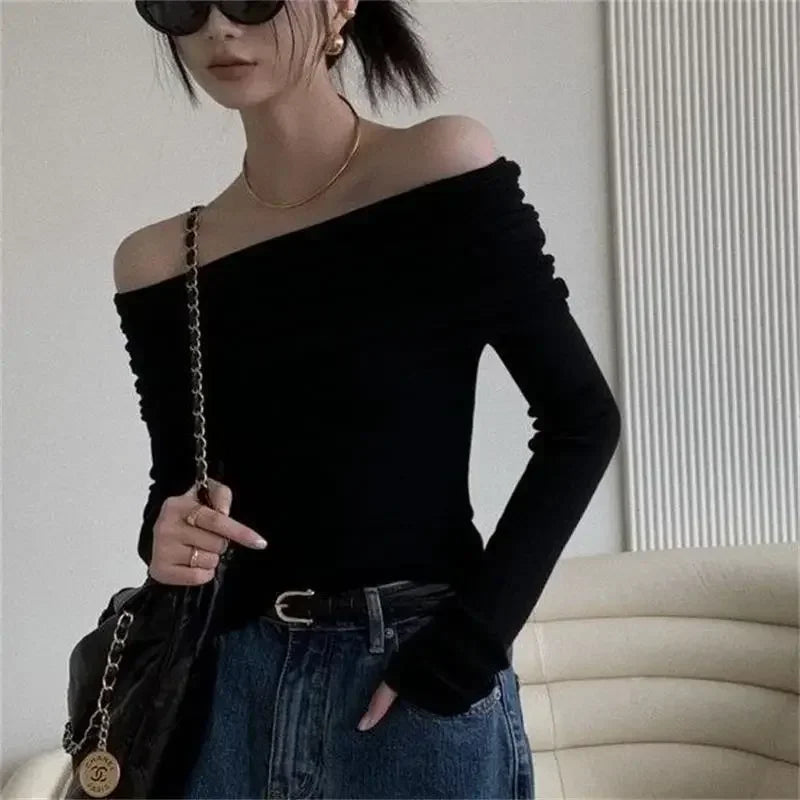 Women Off Shoulder Long Sleeve Knitted T-shirt Sexy Tops Solid Elegant Spring Summer New Spicy Girl Slim Fit Short Red Crop Top