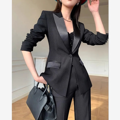 Solid Color OL Patchwork Two Piece Set Women Notched Collar One Button Outwear +Micro Flared Pants Spring Set 276M ﻿