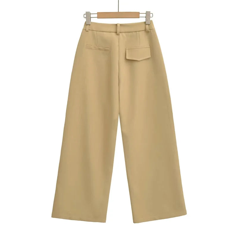 BANA Khaki American Sle Narrow Straight Leg Pants Drapey Loose Fit Trousers High Waist Zipper Closure Straight Leg Pants