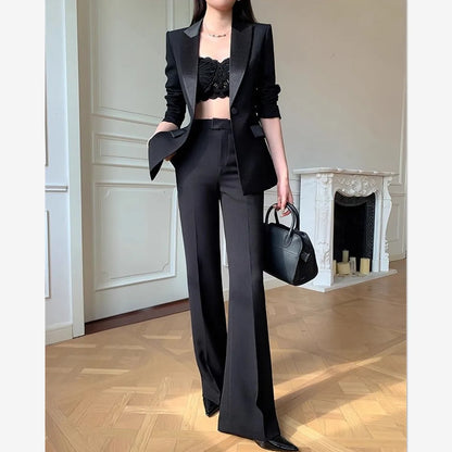 Solid Color OL Patchwork Two Piece Set Women Notched Collar One Button Outwear +Micro Flared Pants Spring Set 276M ﻿