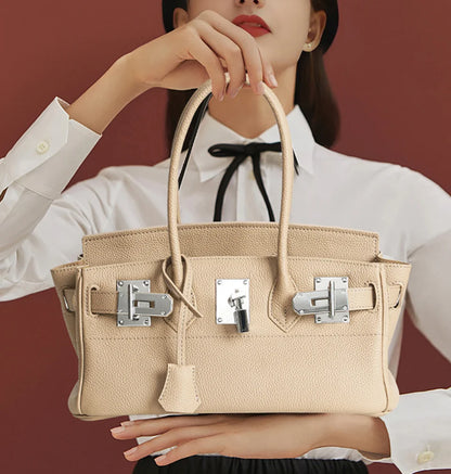 Women's Genuine Leather Fashion Handbag Top Handle Pure Color Casual Tote for Ladies Functional Commuting Shoulder Bags
