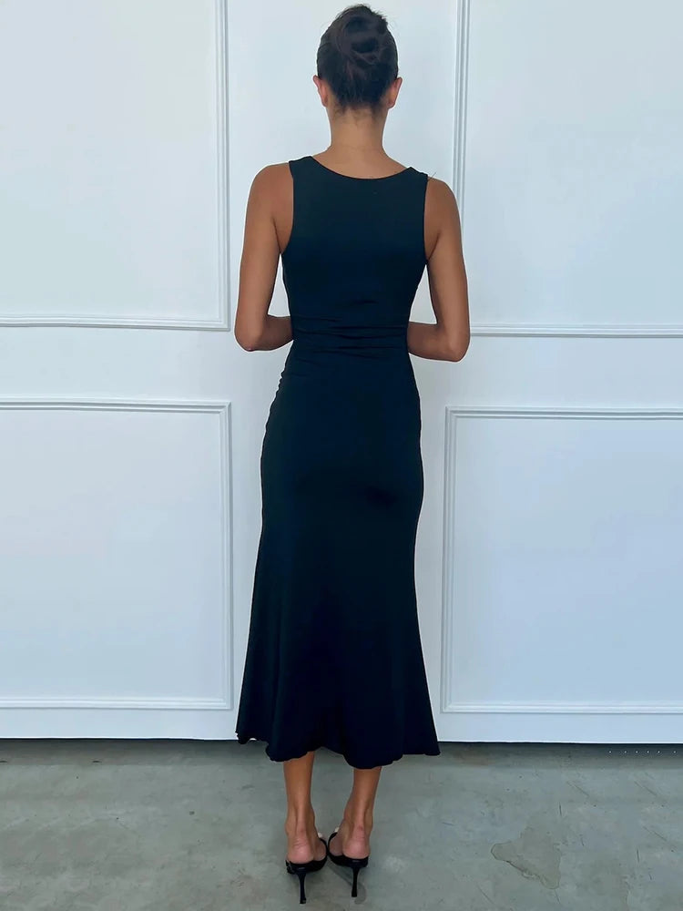 Mozision Elegant Deep V Neck Front Gold Clasp Sexy Maxi Dress For Women Black Gown Sleeveless Slim Fit Long Tank Dress Elegant