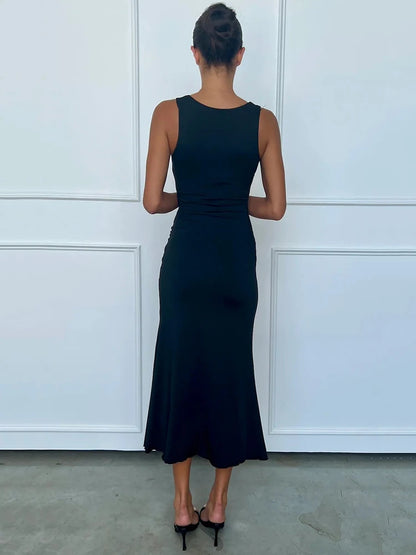 Mozision Elegant Deep V Neck Front Gold Clasp Sexy Maxi Dress For Women Black Gown Sleeveless Slim Fit Long Tank Dress Elegant