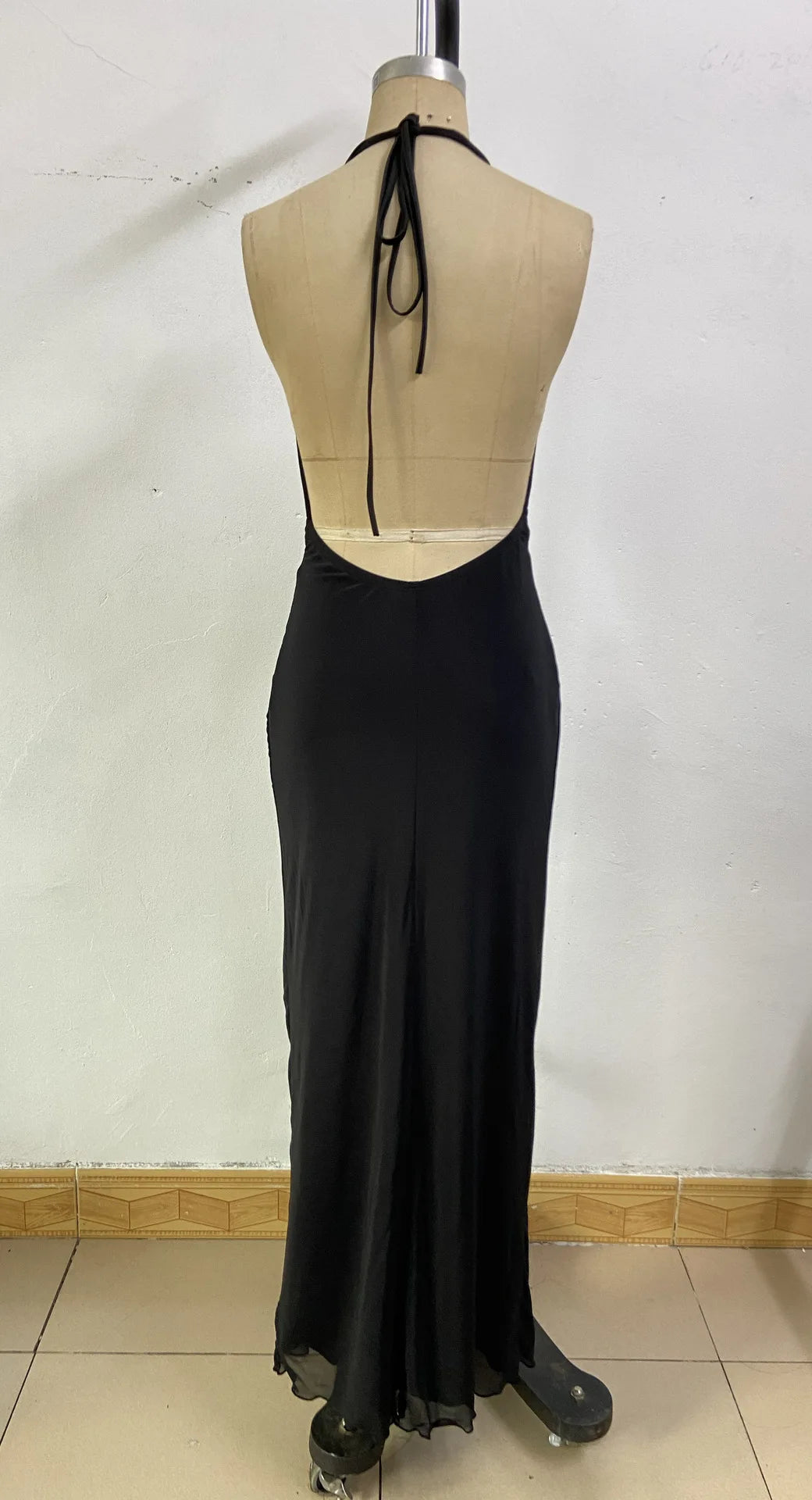 Sexy Deep V Backless Patchwork Long Dress Women's G25D253-2025 Cross-Border New Style Polyester Spandex High Waist Sleeveless