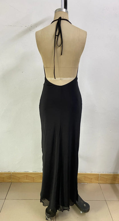 Sexy Deep V Backless Patchwork Long Dress Women's G25D253-2025 Cross-Border New Style Polyester Spandex High Waist Sleeveless