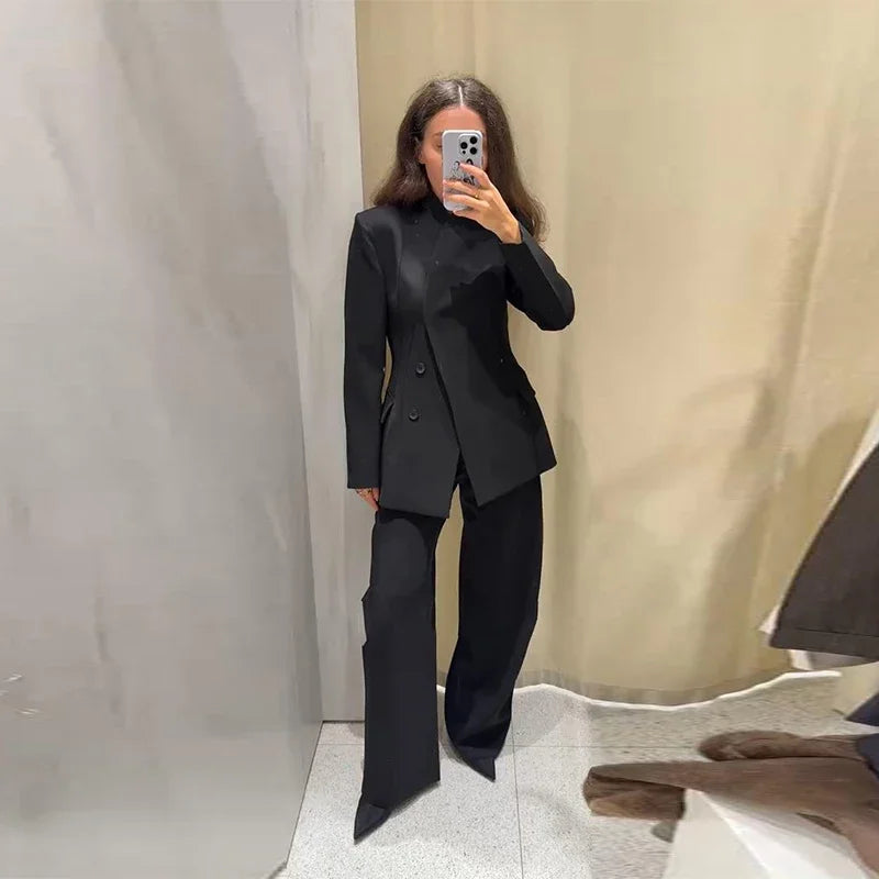 Elegant Blazer Pants Set Women Solid V-neck Long Sleeve Button Coat Wide Leg Trousers 2026 Spring Fashion Office Lady Outfits