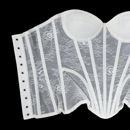 Women Fancy Corset Busiter Overbust Cups Push Breast Floral Lace Bodice Sext Tansparent Strapless Crop Tops Lace Up Steel Boned