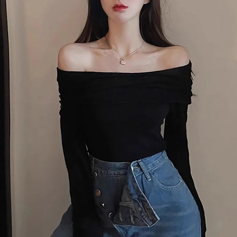 Black Sexy Tops Off Shoulder Long Sleeve T-shirt Women's Solid Elegant Autumn/Winter New Spicy Girl Slim Fit Short Red Crop Top