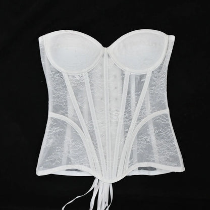 Women Fancy Corset Busiter Overbust Cups Push Breast Floral Lace Bodice Sext Tansparent Strapless Crop Tops Lace Up Steel Boned