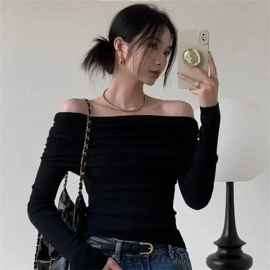 Women Off Shoulder Long Sleeve Knitted T-shirt Sexy Tops Solid Elegant Spring Summer New Spicy Girl Slim Fit Short Red Crop Top