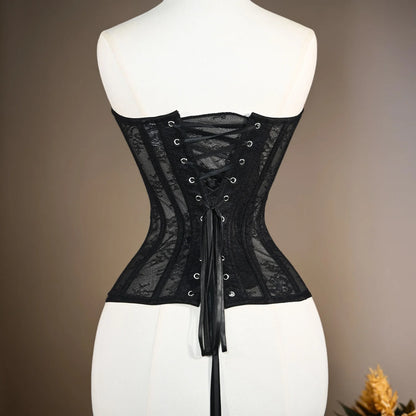 Women Fancy Corset Busiter Overbust Cups Push Breast Floral Lace Bodice Sext Tansparent Strapless Crop Tops Lace Up Steel Boned