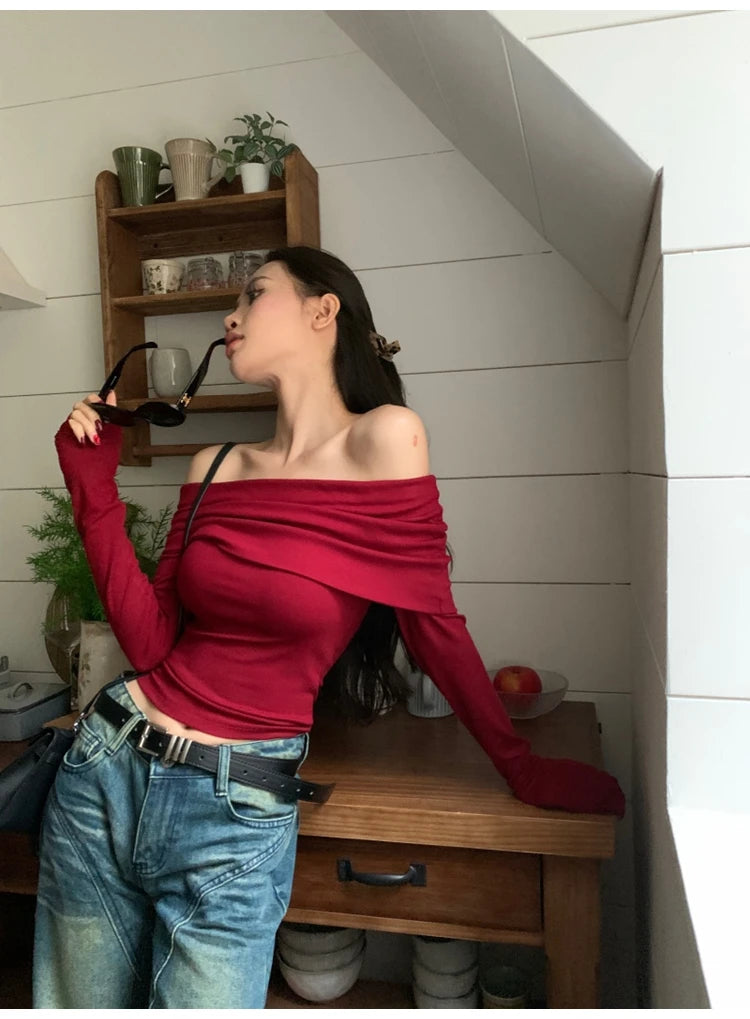 Sexy Tops Off Shoulder Long Sleeve Crop Top Women's Autumn/Winter 2024 New Spicy Girl Slim Fit Short Red T-shirt