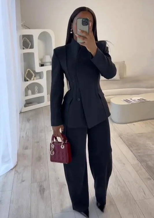 Elegant Blazer Pants Set Women Solid V-neck Long Sleeve Button Coat Wide Leg Trousers 2026 Spring Fashion Office Lady Outfits