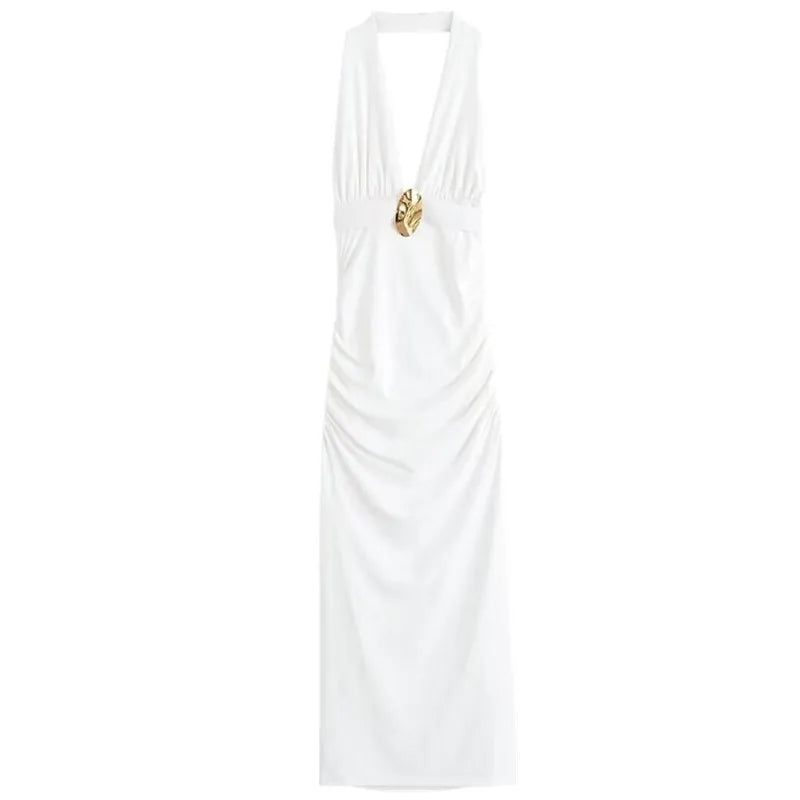 Summer 2025 Women's Long Svel Dr Design Sense Pleated Ne Hanging Gown Ele High Waist V-ne Single Piece