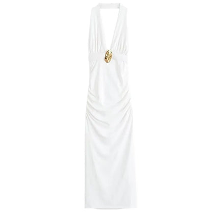 Summer 2025 Women's Long Svel Dr Design Sense Pleated Ne Hanging Gown Ele High Waist V-ne Single Piece