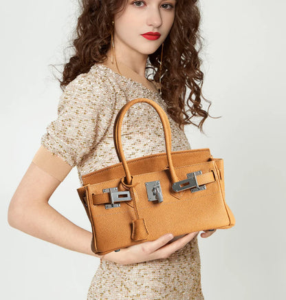 Women's Genuine Leather Fashion Handbag Top Handle Pure Color Casual Tote for Ladies Functional Commuting Shoulder Bags