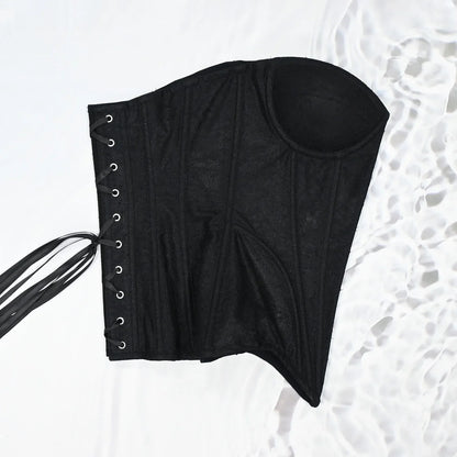 Women Mesh Corset Busiter Overbust Cups Push Breast Floral Lace Bodice Sext Tansparent Strapless Crop Tops Lace Up Steel Boned