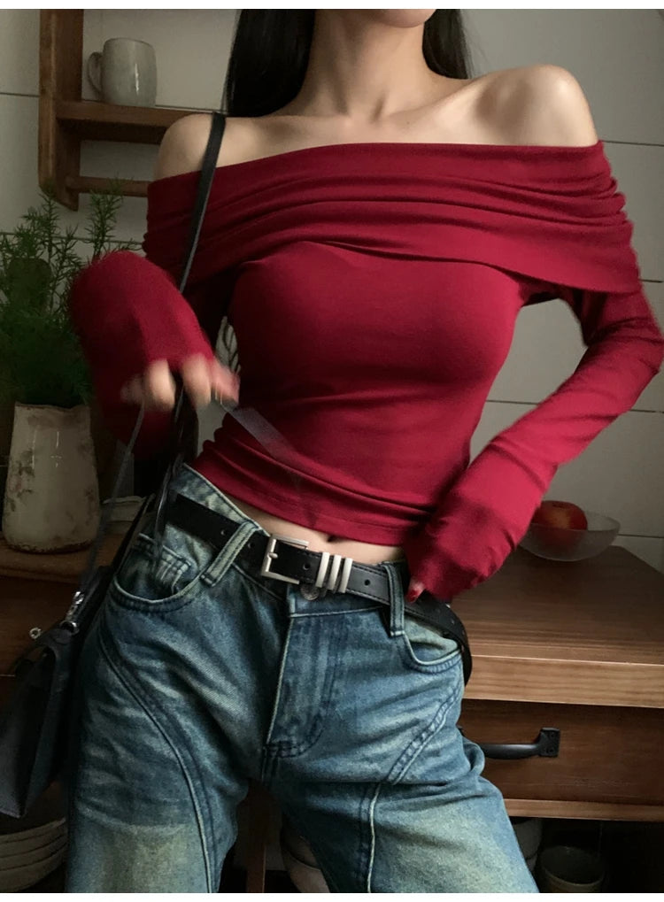 Black Sexy Tops Off Shoulder Long Sleeve T-shirt Women's Solid Elegant Autumn/Winter New Spicy Girl Slim Fit Short Red Crop Top