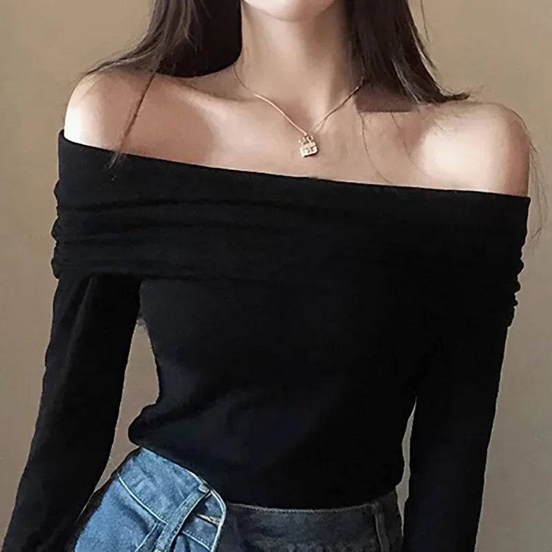Women Off Shoulder Long Sleeve Knitted T-shirt Sexy Tops Solid Elegant Autumn Winter New Spicy Girl Slim Fit Short Red Crop Top