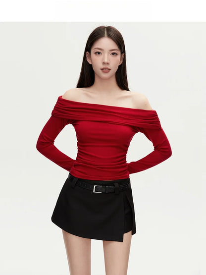 VIVIHY2025 Autumn Retro One-oulder Long Sve Base irt Women Slimming Spicy Red Inner ort Top Commute Casual