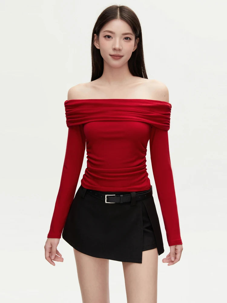 VIVIHY2025 Autumn Retro One-oulder Long Sve Base irt Women Slimming Spicy Red Inner ort Top Commute Casual