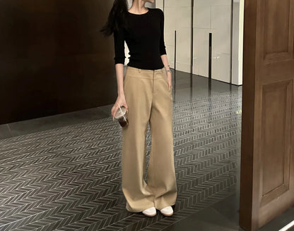 Wide Leg Pants Ivory Womens Fall Office Professional Chino Plaid Classic Straight-Leg Urban Formal Elegant Trousers Highstreet