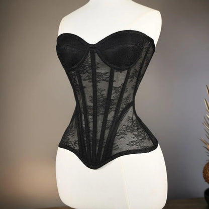 Women Fancy Corset Busiter Overbust Cups Push Breast Floral Lace Bodice Sext Tansparent Strapless Crop Tops Lace Up Steel Boned