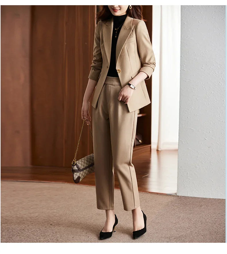 Black Suit Set Women's Workwear Professional Autumn Winter Outfit Small Size Career Outerwear Office Uniform Long Pants