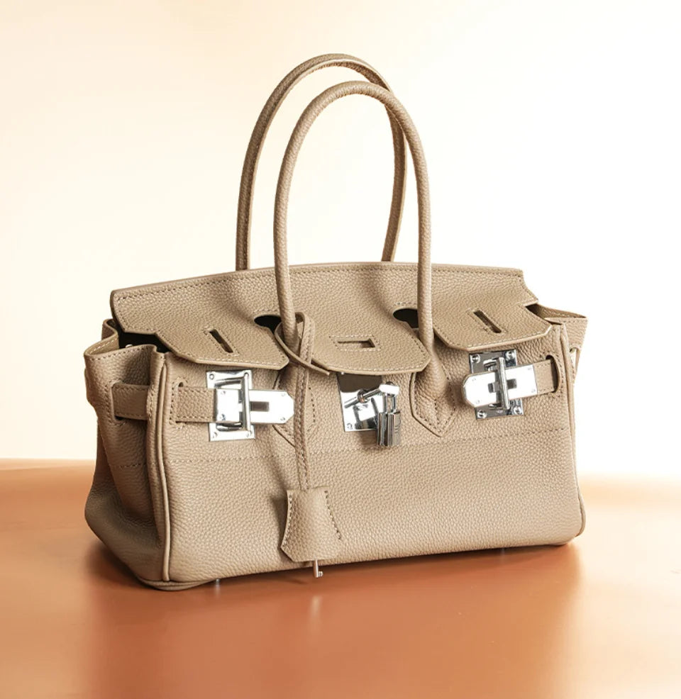 Women's Genuine Leather Fashion Handbag Top Handle Pure Color Casual Tote for Ladies Functional Commuting Shoulder Bags