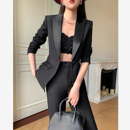 Solid Color OL Patchwork Two Piece Set Women Notched Collar One Button Outwear +Micro Flared Pants Spring Set 276M ﻿