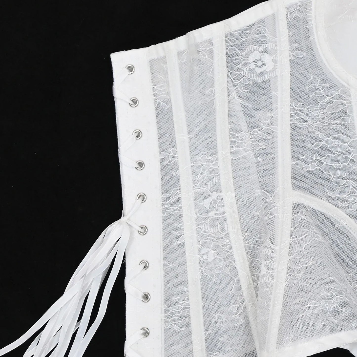 Women Fancy Corset Busiter Overbust Cups Push Breast Floral Lace Bodice Sext Tansparent Strapless Crop Tops Lace Up Steel Boned