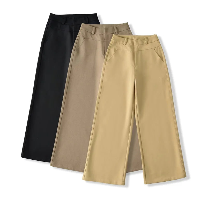 BANA Khaki American Sle Narrow Straight Leg Pants Drapey Loose Fit Trousers High Waist Zipper Closure Straight Leg Pants