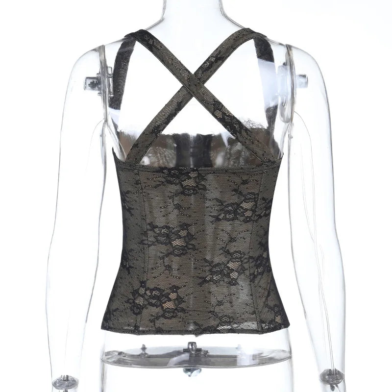 Women Fashion Elegant Lace See Through Skinny Mini Y2K Underwear Corset Crop Tops 2025 Sleeveless Sexy Club Slim Fit Tank Top