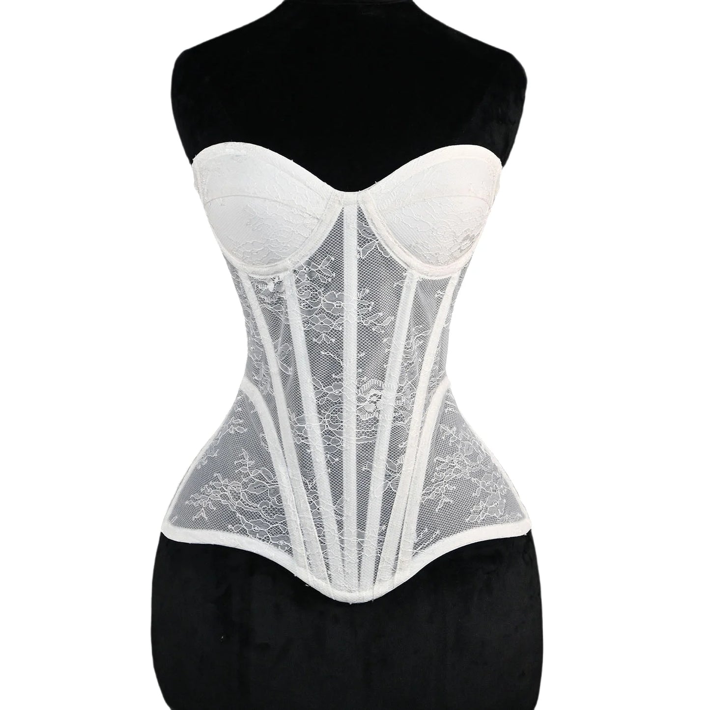 Women Fancy Corset Busiter Overbust Cups Push Breast Floral Lace Bodice Sext Tansparent Strapless Crop Tops Lace Up Steel Boned