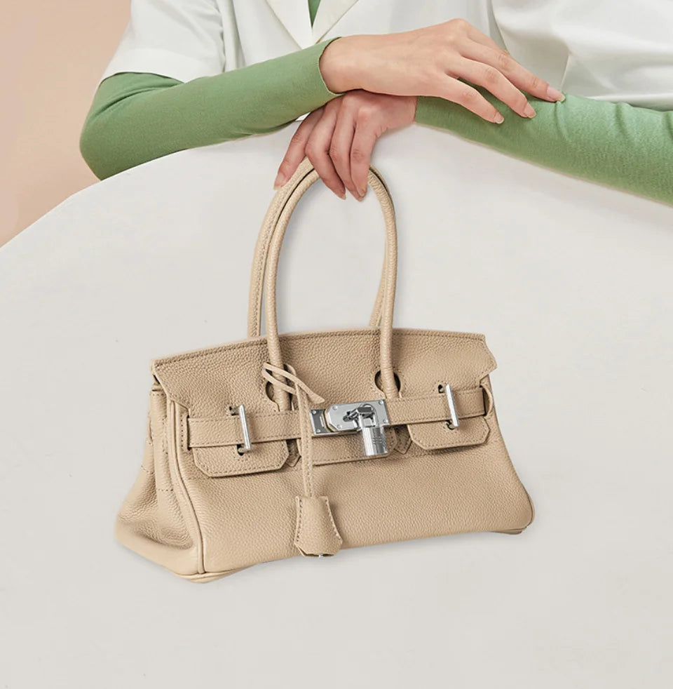 Women's Genuine Leather Fashion Handbag Top Handle Pure Color Casual Tote for Ladies Functional Commuting Shoulder Bags