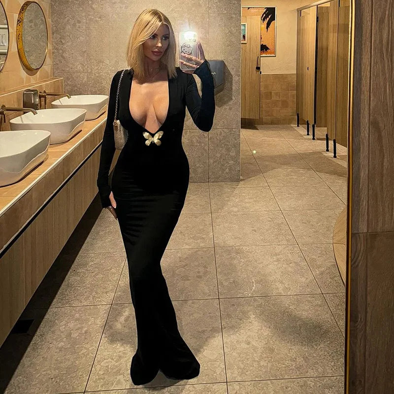 Ele Sexy Hollow out Long Sve Women's Dr Faionable  Design High Waist Slim Fit Midi Dr Cross-Border