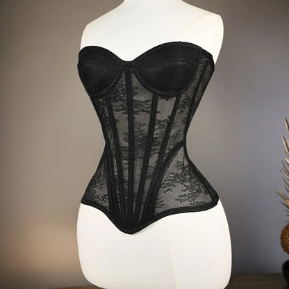 Women Mesh Corset Busiter Overbust Cups Push Breast Floral Lace Bodice Sext Tansparent Strapless Crop Tops Lace Up Steel Boned