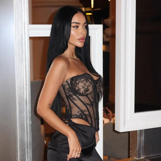 2025 new sweater new black sexy babes double mesh lace steel ring fishbone see-through tube top 150