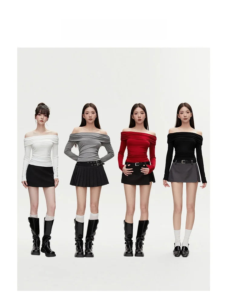 VIVIHY2025 Autumn Retro One-oulder Long Sve Base irt Women Slimming Spicy Red Inner ort Top Commute Casual