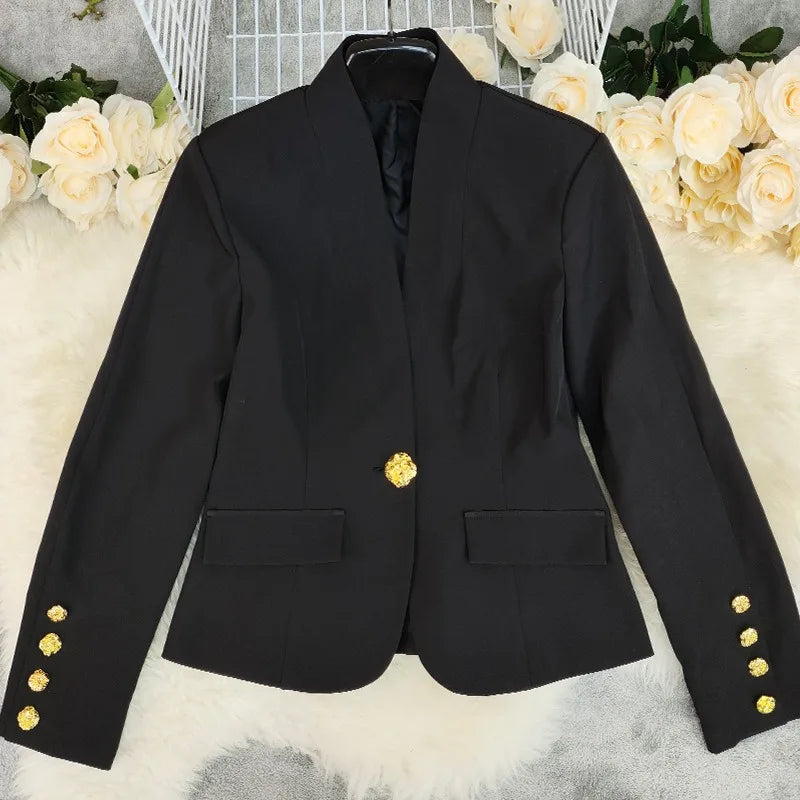 Elegant Blazer Women Fall 2025 Metal Button Suit Slim V Neck Long Sleeve Fake Pocket Jacket Shoulder Pads Office Lady Outwear