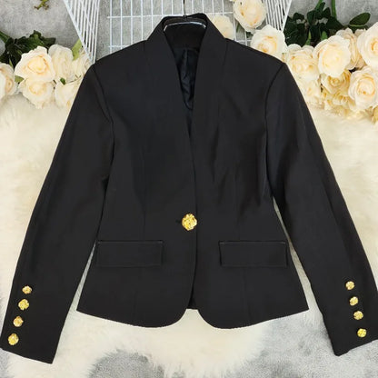 Elegant Blazer Women Fall 2025 Metal Button Suit Slim V Neck Long Sleeve Fake Pocket Jacket Shoulder Pads Office Lady Outwear