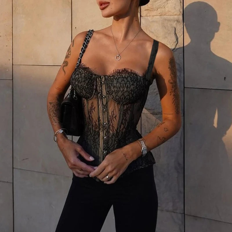 Women Fashion Elegant Lace See Through Skinny Mini Y2K Underwear Corset Crop Tops 2025 Sleeveless Sexy Club Slim Fit Tank Top