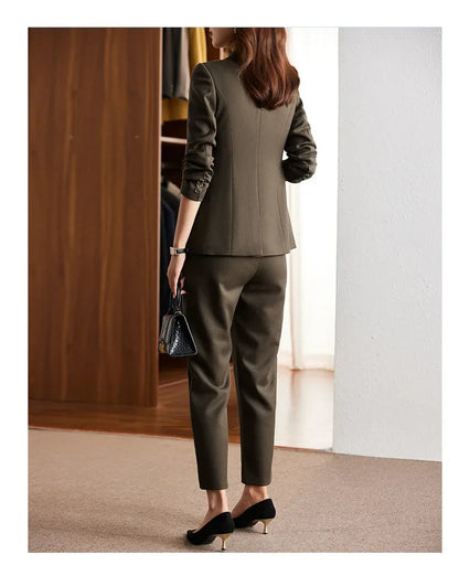 Black Suit Set Women's Workwear Professional Autumn Winter Outfit Small Size Career Outerwear Office Uniform Long Pants